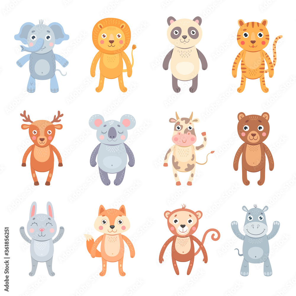Various baby animals flat icon set. Cute cartoon elephant, lion, hippo, panda, tiger, deer, monkey, cow, bear vector illustration collection. Zoo and jungle concept Various baby animals flat icon set. Cute cartoon elephant, lion, hippo, panda, tiger, deer, monkey, cow, bear vector illustration collection. Zoo and jungle concept
