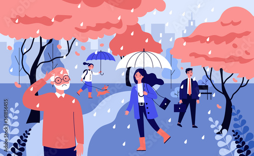 Different people walking in rain. Senior man, businesspeople, child in spring park flat vector illustration. Blooming season, weather concept for banner, website design or landing web page
