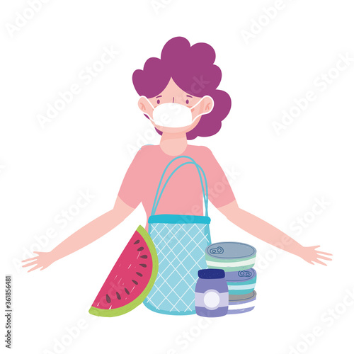 woman with medical mask bag with food, delivery in grocery store
