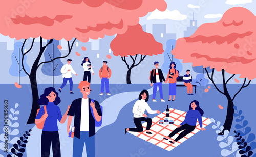 Students enjoying leisure time in campus. Young people walking among trees with pink blossoms flat vector illustration. Spring, leisure, sakura concept for banner, website design or landing web page