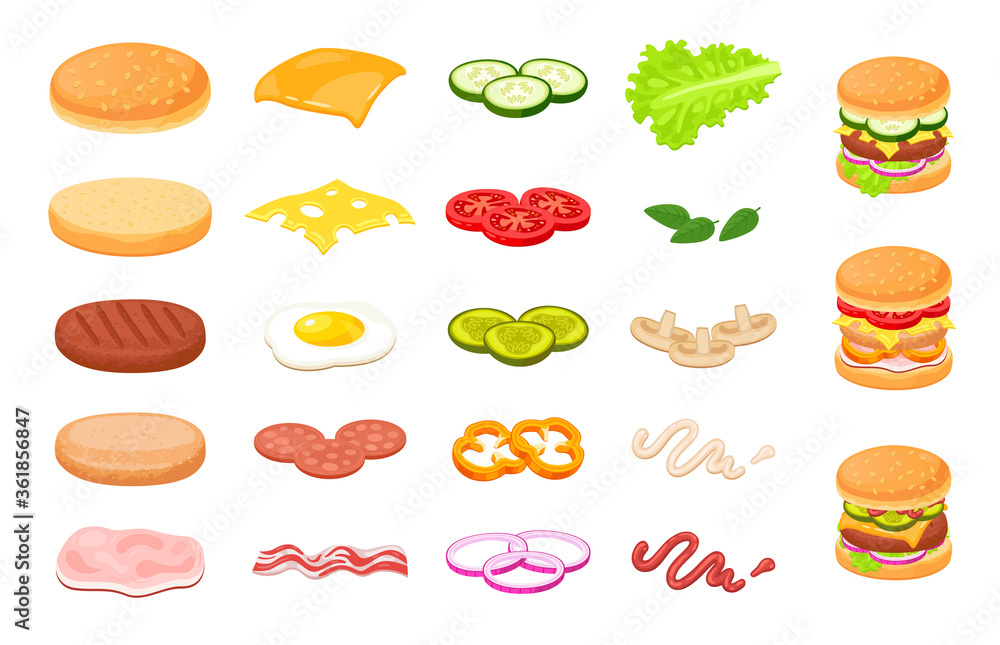 Various burger sliced ingredients flat icon set. Cartoon hamburger, tomato, cheese, cutlet, cucumber, onion isolated vector illustration collection. Food and meal concept