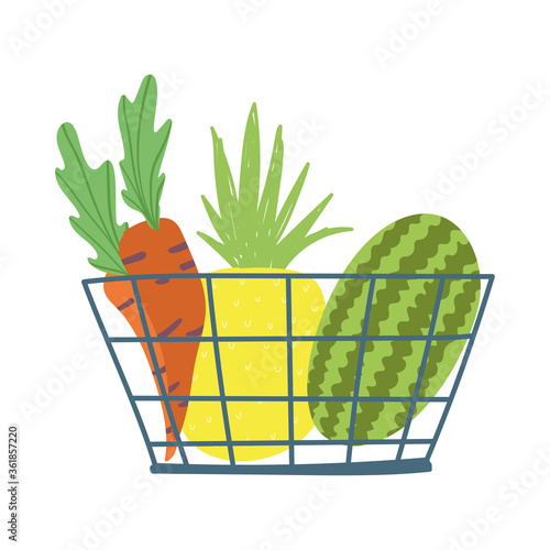 shopping basket with carrots pineapple and watermelon isolated icon design white background