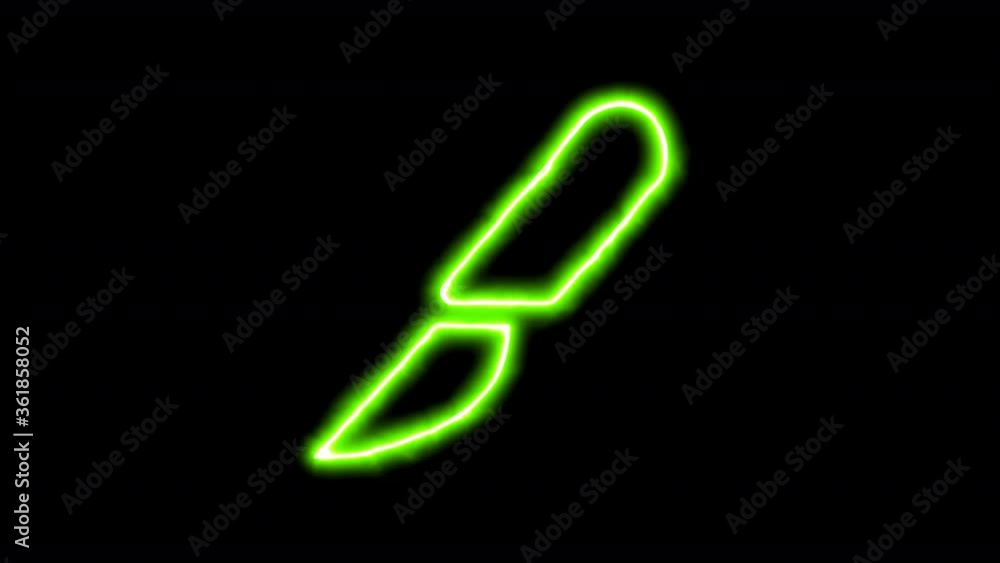 The appearance of the green neon symbol scalpel. Flicker, In - Out. Alpha channel Premultiplied - Matted with color black The appearance of the green neon symbol scalpel. Flicker, In - Out. Alpha channel Premultiplied - Matted with color black