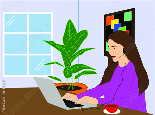 mujer joven que trabaja desde casa, operadora de call center, atiende a clientes desde la comodidad de su hogar, respetando las nuevas reglas de aislamiento social