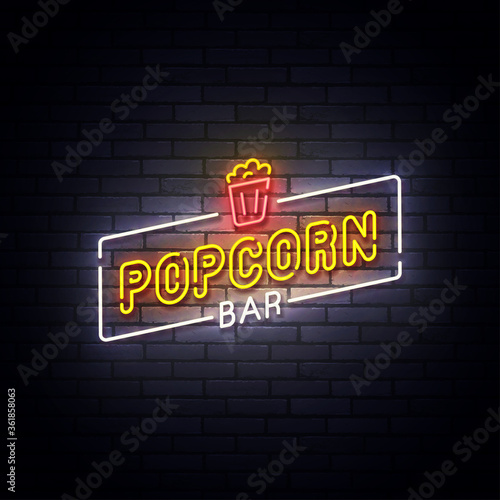 Popcorn neon sign, bright signboard, light banner. Popcorn logo neon, emblem. Vector illustration