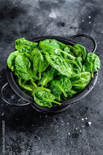Fresh spinach leaves in a colander. Black background. Top view