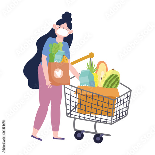 online market, woman with mask and shopping cart, food delivery in grocery store