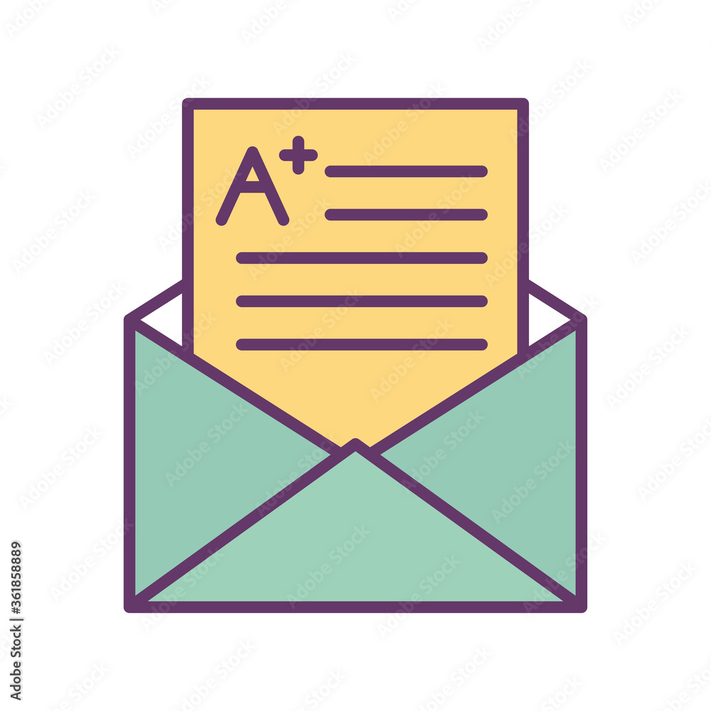 School exam with note inside envelope line and fill style icon design, education class lesson knowledge preschooler study learning classroom and primary theme Vector illustration School exam with note inside envelope line and fill style icon design, education class lesson knowledge preschooler study learning classroom and primary theme Vector illustration