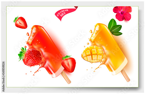 3 d.Strawberry and mango ice cream.Popsicle ice cream on a stick.Slices of Strawberry. Slices of Mango. Picture for sale of fruit and ice cream. Vector image.	