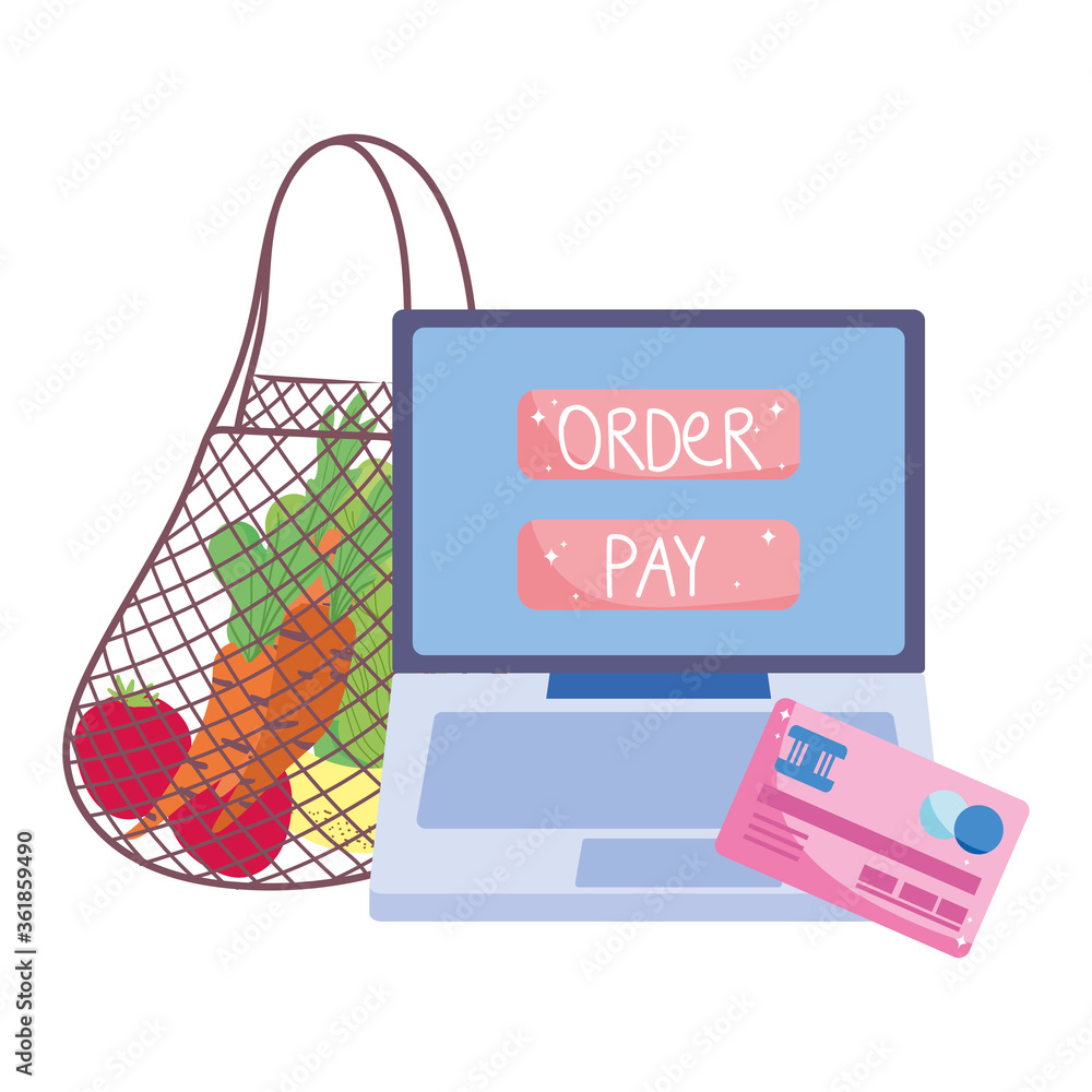 online market, eco friendly bag with fruits and vegetables computer bank card, food delivery in grocery store online market, eco friendly bag with fruits and vegetables computer bank card, food delivery in grocery store