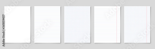 Realistic blank lined paper sheet with shadow in A4 format. Notebook or book page. Design template or mockup. Vector illustration.