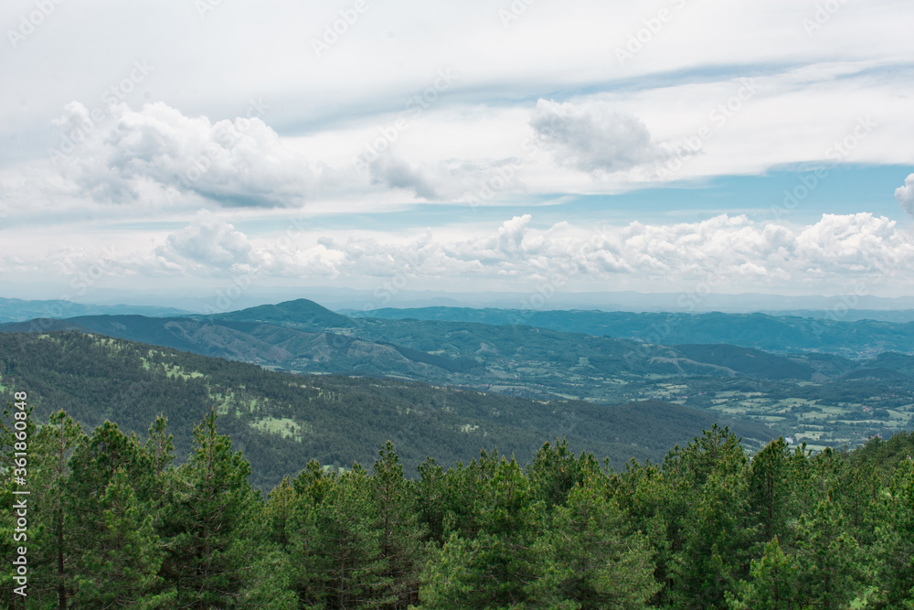 A beautiful view from the mountain. View of the mountain forest, hills and pine trees. Green nature under a beautiful sky with clouds.
