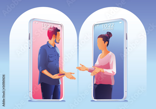 Businessmen use Video conference landing. People on smartphone screen taking with colleagues. Videoconferencing and online meeting workspace page, man and woman Shaking hand. Vector illustration, Flat