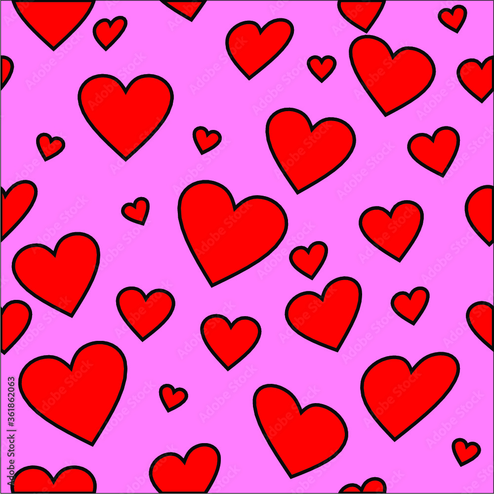 seamless endless pattern of red hearts of different sizes on a pink background for themes love Valentine's day March eighth wedding