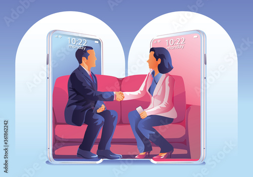 Businessmen use Video conference landing. People on smartphone screen taking with colleagues. Videoconferencing and online meeting workspace page, man and woman Shaking hand. Vector illustration, Flat