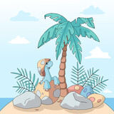Cute cartoon dinosaur baby hatching from an egg under the palm tree on the island. Dino with egg shell on its head. Pastel colors. Vector illustration  for kids products.