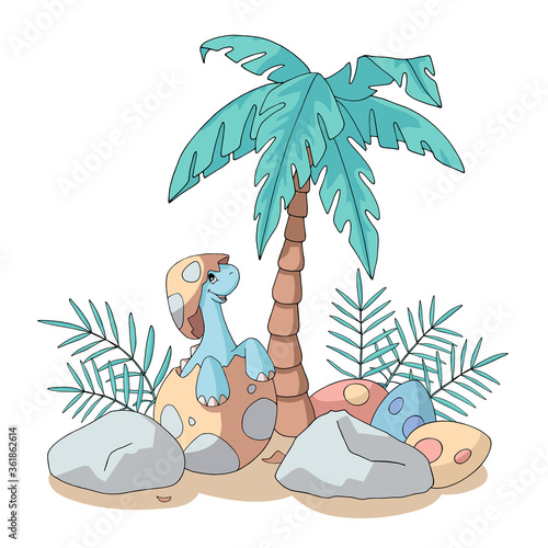 Cute cartoon dinosaur baby hatching from an egg under the palm tree on the island. Dino with egg shell on its head. Pastel colors. Vector illustration  for kids products.