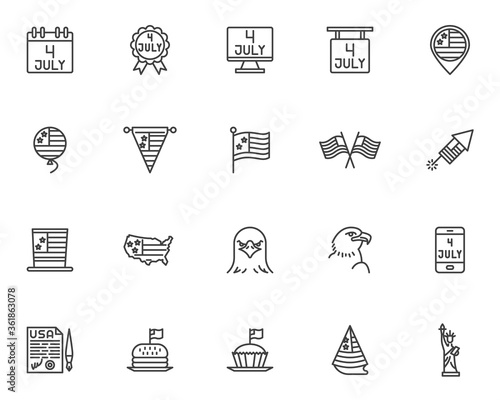 Independence day line icons set. linear style symbols collection, outline signs pack. vector graphics. Set includes icons as USA flag, statue of liberty, 4th july calendar, United States Declaration
