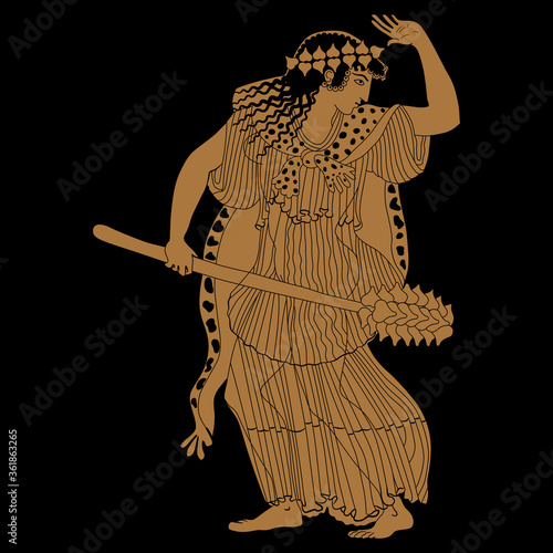 Ancient Greek maenad woman with thyrsus. Bacchante. Vase painting style. Monochrome silhouette. Isolated vector illustration.
