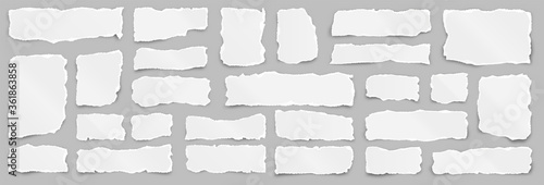 Ripped paper strips. Realistic crumpled paper scraps with torn edges. Shreds of notebook pages. Vector illustration.