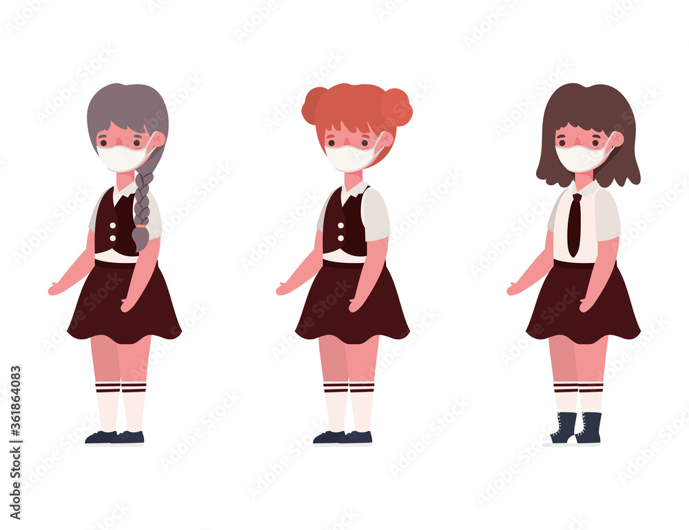 Girls kids with uniforms medical masks design, Back to school and social distancing theme Vector illustration Girls kids with uniforms medical masks design, Back to school and social distancing theme Vector illustration