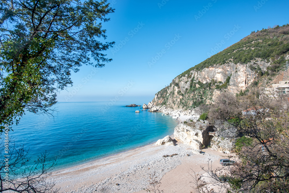 Empty wild beach, view from the top Montenegro Budva.