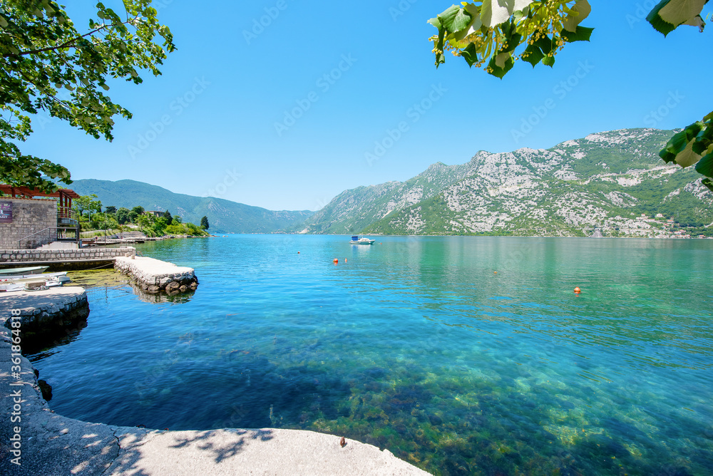 Beautiful view of the mountains and the sea. Risan Montenegro Kotor bay