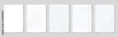 Realistic blank lined paper sheet with shadow in A4 format. Notebook or book page. Design template or mockup. Vector illustration.