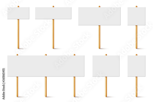 Blank protest sign with wooden holder. Realistic vector demonstration banner. Strike action cardboard placard mockup.