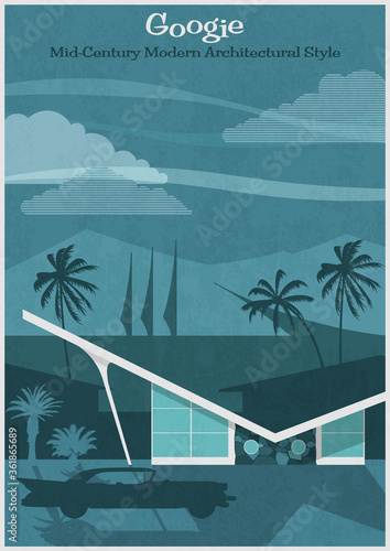 Googie Architectural Style 1950s Poster Stylization,  Retro Futurism Modern Building, Car, Landscape 