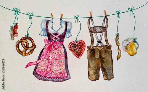 Watercolor set of Oktoberfest. Bavaria Munich beer festival. Sausage, beer, pretzel, clothing, heart. Design elements. 