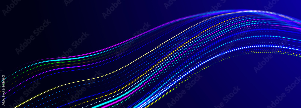 Abstract flow of luminous particles on dark background. Movement of colored dots. Big data. 3D rendering. Widescreen