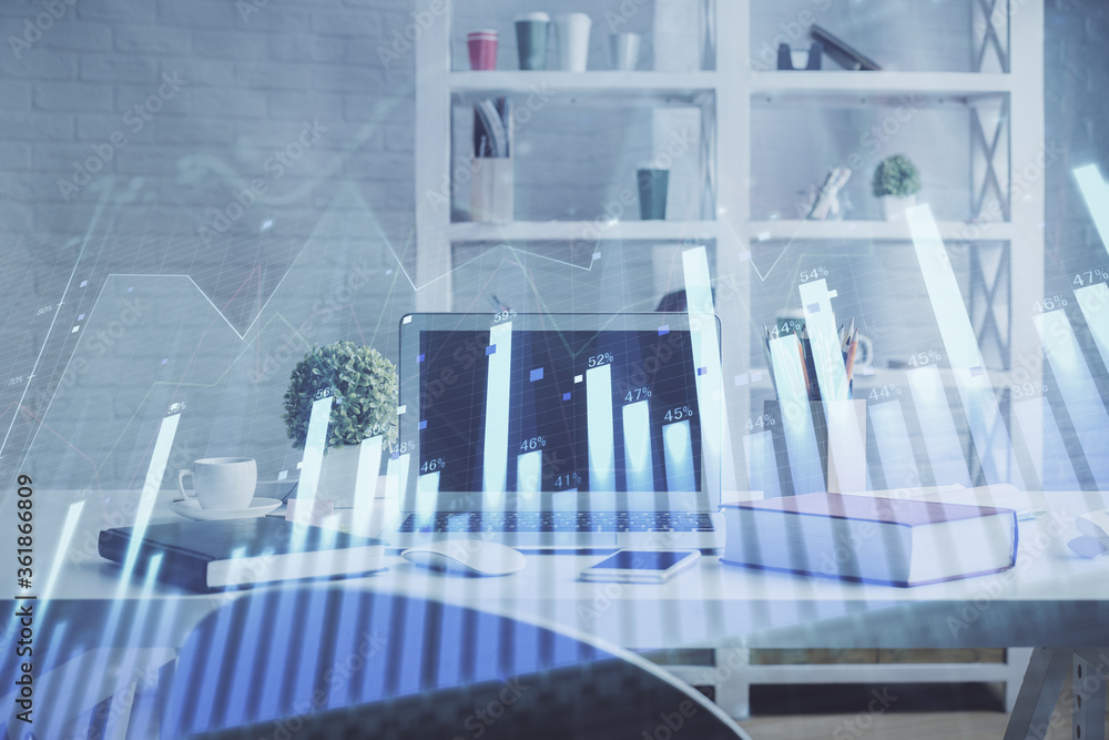Double exposure of financial graph drawing and office interior background. Concept of stock market. Double exposure of financial graph drawing and office interior background. Concept of stock market.
