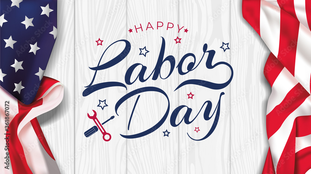 Fototapeta premium USA Labor Day greeting card with brush wood background in United States national flag colors and hand lettering text Happy Labor Day. Vector illustration.