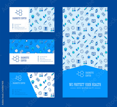 Vector template for clinic, laboratory, medicine. Medical equipment, tools, seamless pattern. Science, microbiology, virology study, immune system, genetics analysis. Card, label, visit card, banner.