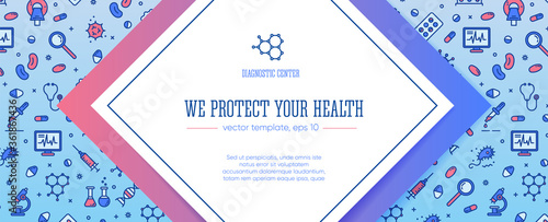 Vector template for clinic, laboratory, medicine. Medical equipment, tools, seamless pattern. Science, microbiology, virology study, immune system, genetics analysis. Card, label, visit card, banner.