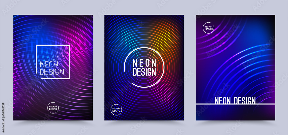 Colorful geometric neon background. Neon cover, poster set. Fluid gradient shapes composition. Futuristic design posters. Eps10 vector.