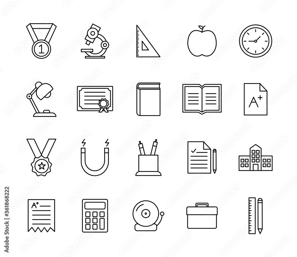 School line style icon set design, education class lesson knowledge preschooler study learning classroom and primary theme Vector illustration School line style icon set design, education class lesson knowledge preschooler study learning classroom and primary theme Vector illustration