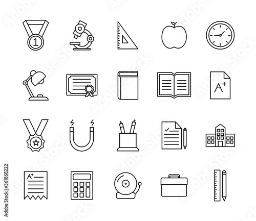 School line style icon set design, education class lesson knowledge preschooler study learning classroom and primary theme Vector illustration