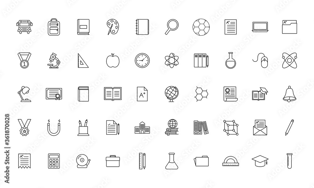 School line style icon set design, education class lesson knowledge preschooler study learning classroom and primary theme Vector illustration School line style icon set design, education class lesson knowledge preschooler study learning classroom and primary theme Vector illustration