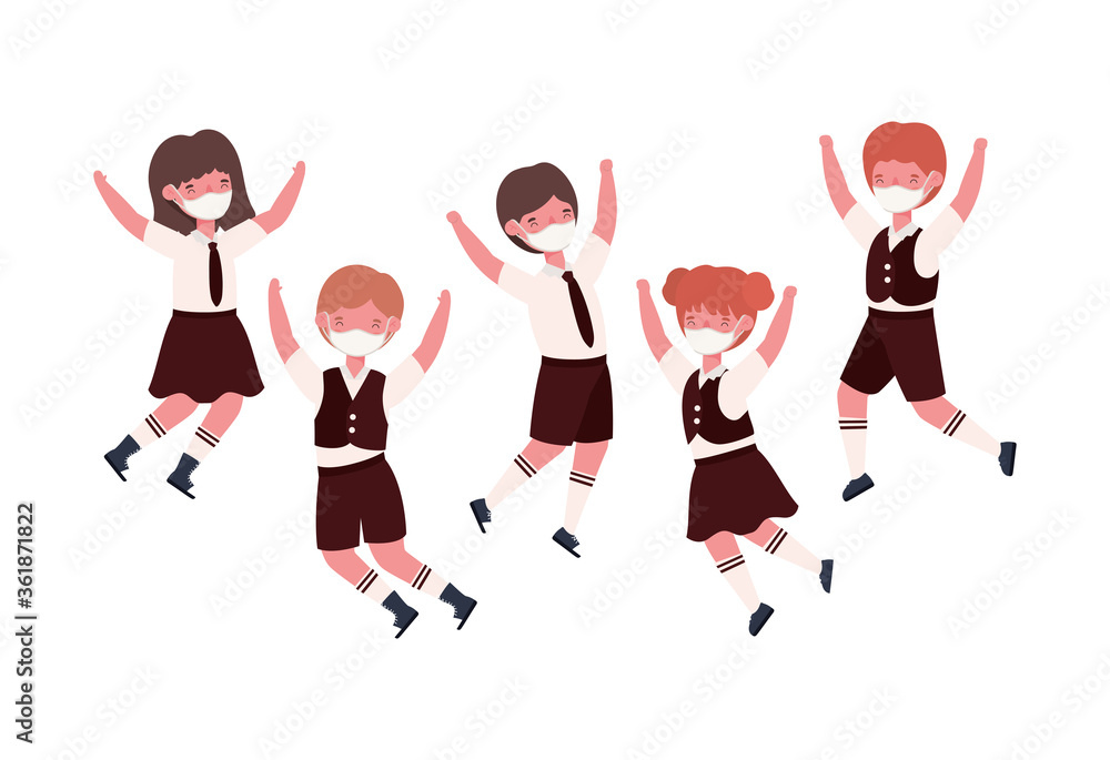 Boys and girls kids with uniforms medical masks jumping design, Back to school and social distancing theme Vector illustration