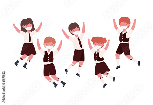 Boys and girls kids with uniforms medical masks jumping design  Back to school and social distancing theme Vector illustration