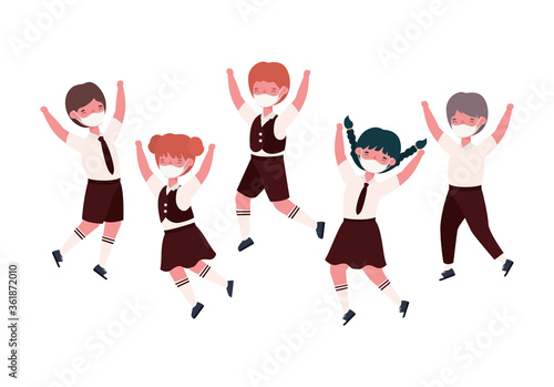 Boys and girls kids with uniforms medical masks jumping design  Back to school and social distancing theme Vector illustration