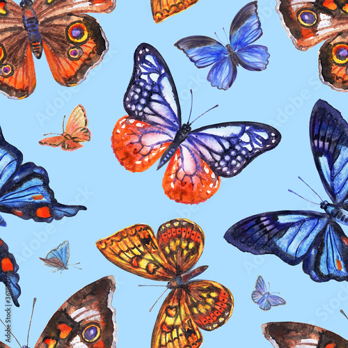 Butterflies seamless pattern on a blue background, watercolor illustration. Print for fabric, background for various designs.