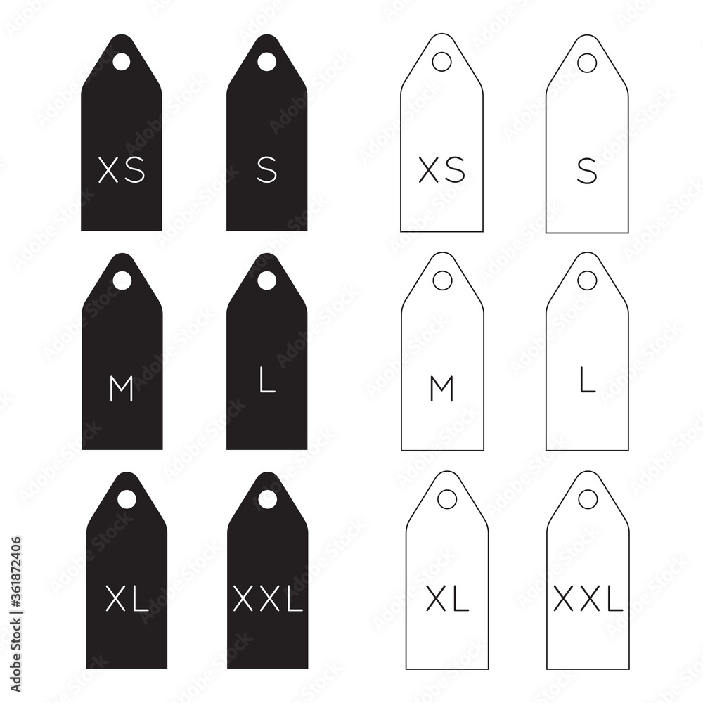 Simple clothing size labels set. Filled and outline style. Xs, s, m, l