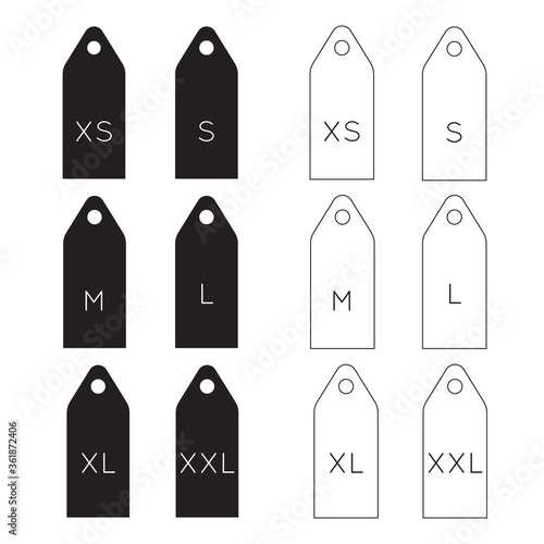 Simple clothing size labels set. Filled and outline style. Xs, s, m, l, xl, xxl symbols