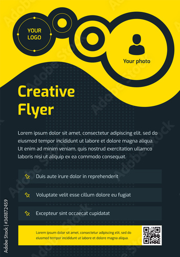Yellow creative flyer template with qr-code, banner, poster vector. Layout of e-mail, party, workshop, event, webinar, conference with your logo and photo