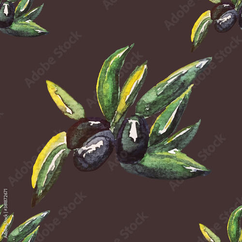 Seamless pattern Olive branch . Hand drawn watercolor illustration, painting the olive tree. photo