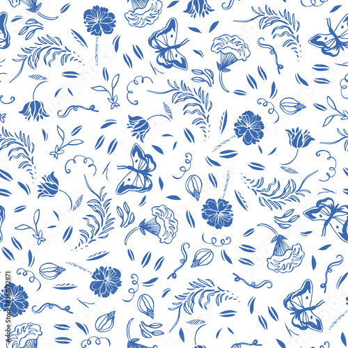 Vector delft blue royal hand drawn elegant floral seamless pattern with lline art and cutout florals on white background. Nature background. Surface pattern design.