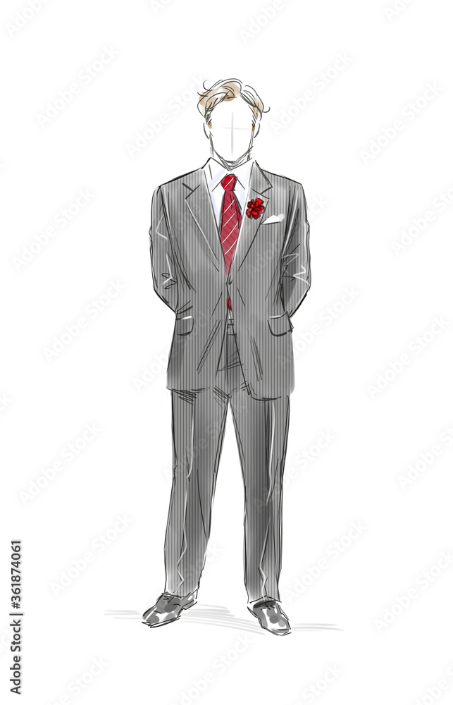 Isolated sketch drawing of a faceless business man in a black suit with red  tie posing confidently Stock Illustration | Adobe Stock